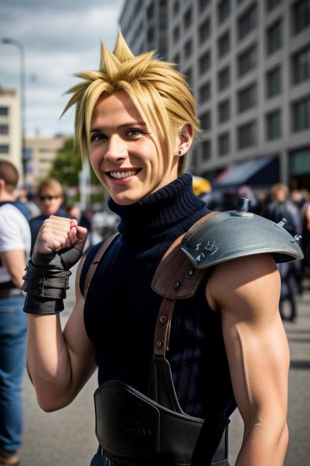 masterpiece, best quality, cloud strife, shoulder armor, sleeveless turtleneck, suspenders, belt, gloves, bracer, upper body, smile, grin,looking at viewer, city street, day, clenched fist, 1boy, people in gathering, expo, <lora:cloudstrife-nvwls-v1-000010:0.9>