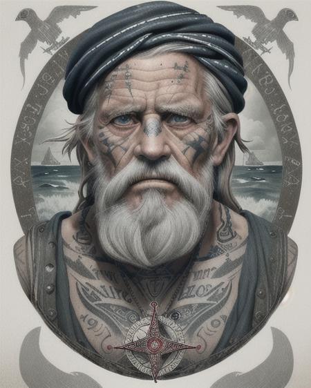 A captivating portrait of a wise and weathered old sailor, adorned with nautical tattoos and a rugged expression that tells tales of countless voyages.