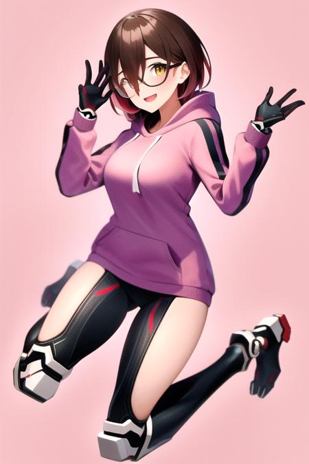 RobocoSan, traditional media, marker \(medium\), 
roboco-san, 1girl, mechanical legs, virtual youtuber, solo, hood, glasses, hoodie, brown hair, android, pink hoodie, open mouth, mechanical arms, looking at viewer, smile, breasts, multicolored hair, short hair, full body, pink background, gradient hair, bangs, medium breasts, black-framed eyewear, blush, hair between eyes, hands up, hood down, brown eyes, long sleeves, :d, yellow eyes, thighs, gloves, drawstring, 
masterpiece, best quality,