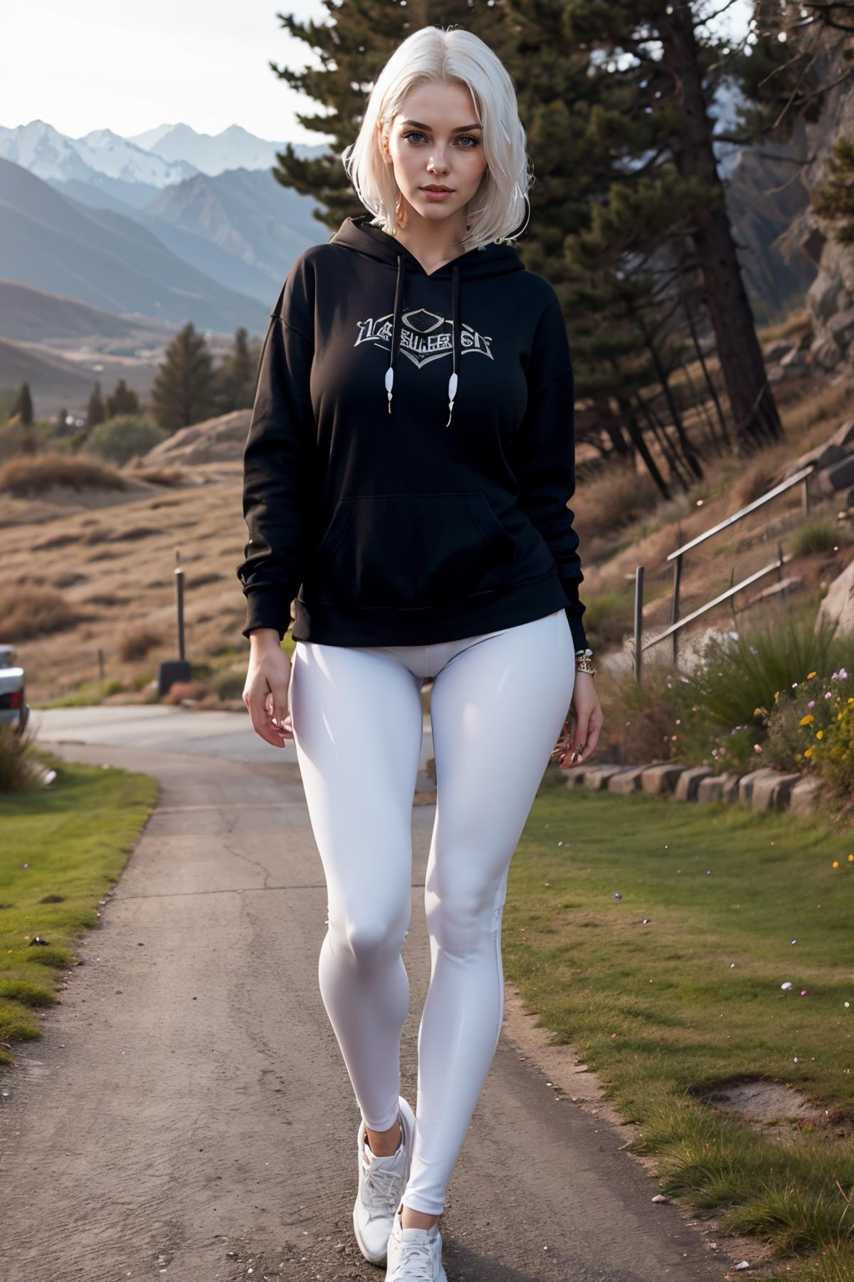 A woman wearing tight white pants and a black sweatshirt is walking down a sidewalk.