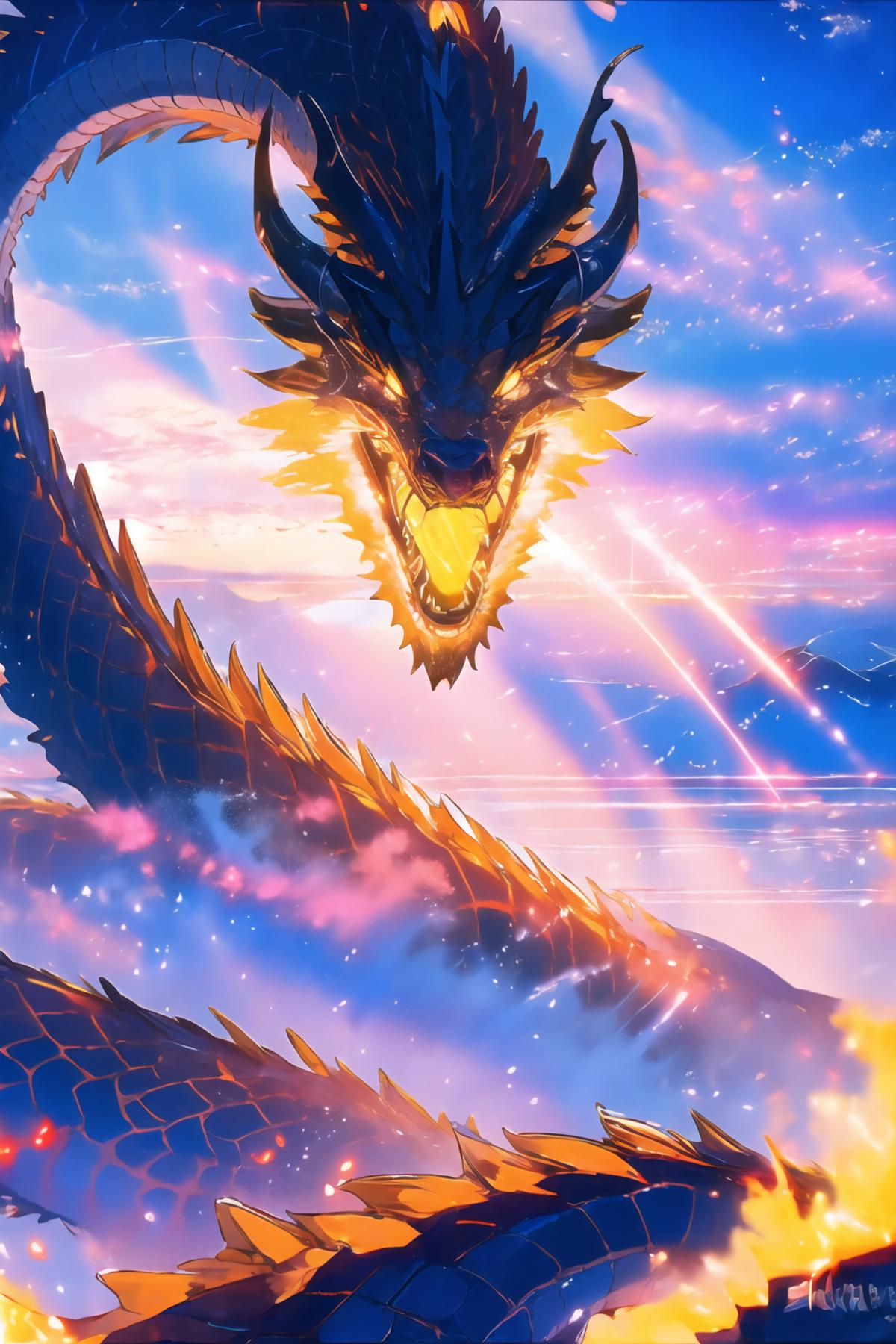 A Dragon with Glowing Eyes and a Fire Breath, Flying in the Sky