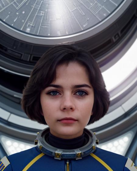 A woman in a futuristic space uniform, against the background of the spaceport, close up <lora:AlisSelez512New200:0.7> <lora:detail_slider_v4:2>, maximum details