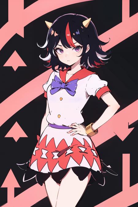 masterpiece,highres,best quality,1girl,solo,<lora:seija-Wasabiya:1>,kijin seija,horns,streaked hair,dress,(arrow (symbol) :1.5),bow,short sleeves,bracelet,skirt,black hair,red hair,spiral,spiral background,