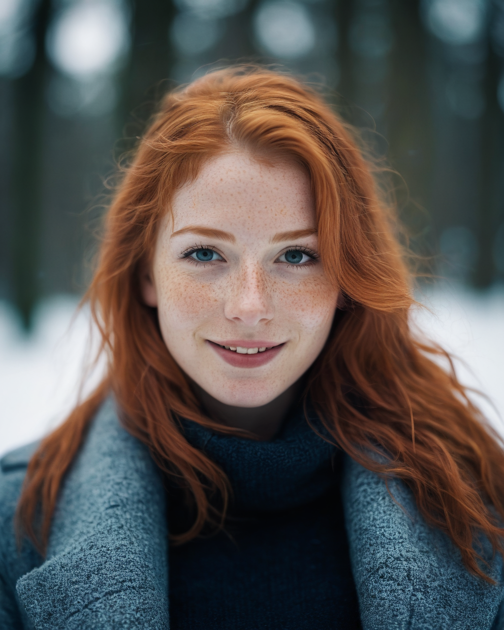 cinematic photo (art by Mathias Goeritz:0.9) , photograph, Lush Girlfriend, looking at the camera smiling, Rich ginger hair, Winter, tilt shift, Horror, specular lighting, film grain, Samsung Galaxy, F/5, (cinematic still:1.2), freckles . 35mm photograph, film, bokeh, professional, 4k, highly detailed