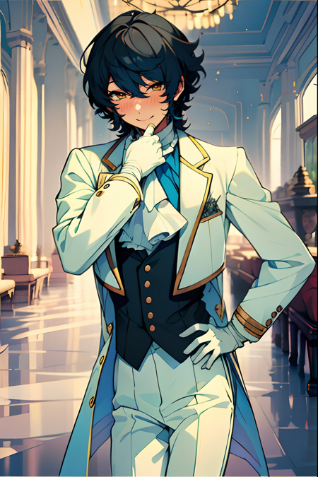 Tsumugi Aoba, solo, smile, black hair, gloves, 1boy, male focus, white gloves, hand on hip, formal, vest, long sleeves, standing, buttons, outdoors, white jacket, indoors, pants, white pants, cowboy shot, ascot, blush,