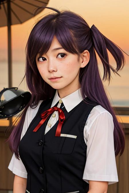 highly detailed photography, insanely detailed, hyperdetailed, 1girl, Japanese girl, fair skin, flawless skin, 18yo, hagikaze_kantaicollection, long_hair, purple_hair, one_side_up, ahoge, brown_eyes, blush, ribbon, red_ribbon, vest, neck_ribbon, breasts, black_vest, blouse,