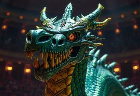 Supreme King Dragon Odd-Eyes, skull head,metal textured body, green and yellow, Despia Theater backdrop, cinematic lighting, Artstation trending, octane render, Unreal Engine 6, detailed eyes, splash ink illustration, dynamic pose, Raphael style, golden ratio, 4k, high-res, exceptional quality, handcrafted, harmonious colors, matte painting, impeccable composition.