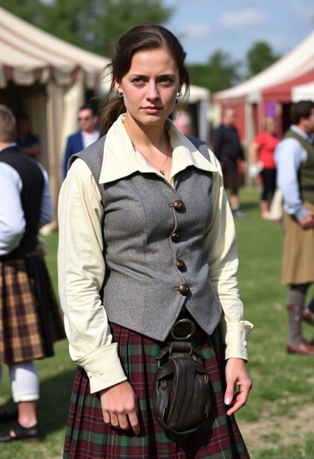 A masculine woman at a renaissance fair wearing a kilt, wide-collared shirt, and a grey spotted vest.