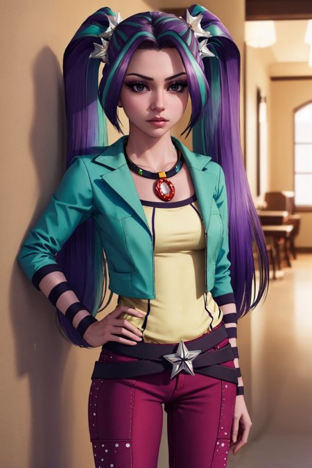 mlparia colored skin purple skin twintails hair ornament green jacket purple pants belt jewelry necklace