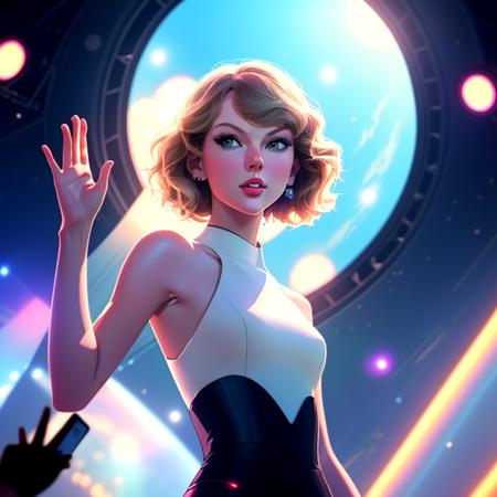 Close up, Masterpiece, facial features, moles, award winning candid photo of Taylor Swift waving to her adoring fans from the top of a galactic stage in a magical space stadium