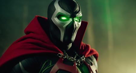 cinematic film still of (Cinematic Film stock footage style) in (arri alexa style) (Kodak film print style),
 <lora:Spawn:1>
Spawn a man with a living symbiotic costume and a red cape and a chain around his neck and glowing green eyes, shallow depth of field, vignette, highly detailed, high budget, bokeh, cinemascope, moody, epic, gorgeous, film grain, grainy