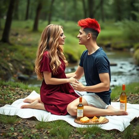 abstract modern art image of a couple sitting in tantra position and embracing each other and starting into each other eyes. by a small stream in a green forest. girl has long wavy blond hair, wearing dark red cotton dress. the boy has very short hair dyed scarlet red on top, white shorts and a dark blue tshirt. they are both sitting on a white picnic sheet with a bottle of white wine and some cheese.