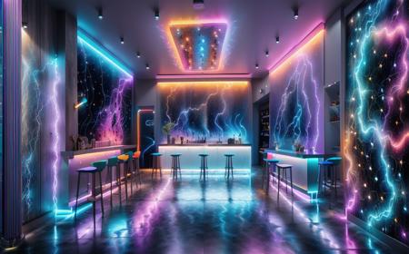 a cafes interior with a bar and a painting on the wall, outer space nebula background, quantum wavetracing, 4k photograph of painting, amazing lightning art, bar, hyperrealistic symmetrical 8k, affinity photo, brilliant modern colors, ai - generated art, kitchen background, art print, 4k panoramic <lyco:Vu_cafe:1.0>