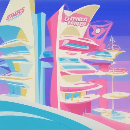 <lora:hannabarbera:1> hanna barbera, futuristic, shopping mall, made of glass, aesthetic blue sky, pastel aesthetics, concept art, built on stilts