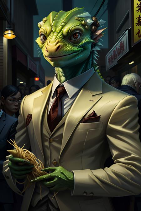 fantchar, a lizard like lawyer in a business suit waiting in line outside a popular noodle restaurant, scaled skin, casual, crowded, realistic, intricate, highly detailed