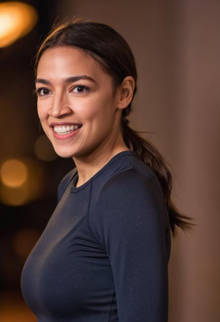 photo of smiling alexandria_ocasio_cortez with her hair in a ponytail, wearing spandex exercise clothing, age 25, cinematic lighting, (full body:1.5), bokeh, <lora:alexandria_ocasio_cortez_aoc_sdxl_60:0.8>