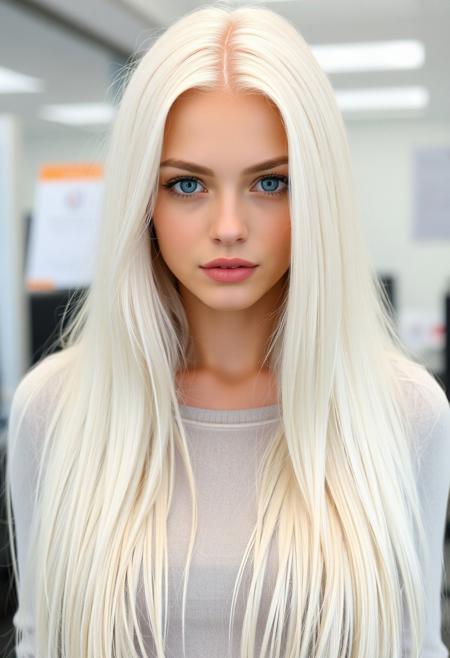 Very pale white girl with snowy white extremely long straight blond hair, deep blue eyes, very slim body at office