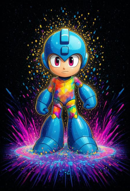 Megaman, proud face, dynamic pose, in the style of golden glitched rainbow. Snow is falling as holographic colored baroque geometric patterns float around the canvas in the style of colorful digital art. The image has a cyberpunk aesthetic with a glitchy distortion and psychedelic color palette. Black background, neon lights, glitch art, surrealism, high contrast, vibrant colors, psychedelic patterns, ethereal glow. The overall mood should be one of spiritual contemplation and otherworldly beauty. It's like something in the style of science fiction.Rockmegamen, Cartoony, cartoony, By Crazyoe