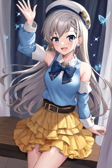 Hisakawa Hayate, 1girl, solo, skirt, long hair, braid, grey hair, smile, jewelry, sweater, earrings, open mouth, bow, bangs, looking at viewer, bowtie, hat, bug, layered skirt, curtains, yellow skirt, flower, long sleeves, blue eyes, butterfly, braided bangs, detached sleeves, indoors, :d, blush, bare shoulders, sparkle, belt, blue headwear, shirt, star
  <lora:hisakawa-v2.0-r1:1>