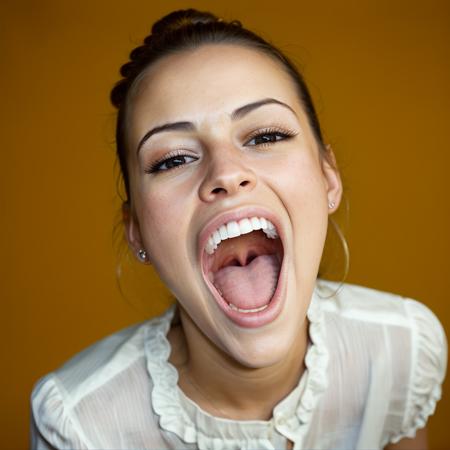 a woman with her mouth open,  (very big  mouth:1.2), extreme midday sun, close portrait, toplit, frontlit, seductive, white caucasian, sharp focus, dslr, professional , stunning, very detailed, aesthetic, ultra realistic, wholesome, warm light, low cut blouse, detailed pupils, detailed eyes, golden eyes, very detailed skin, pretty teeth <lora:ftm-v0:1>