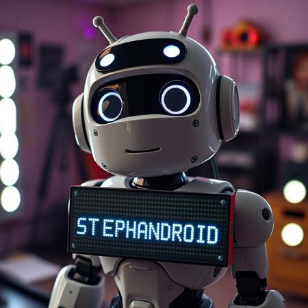 A stunning portrait photograph of a cute friendly Android robot, in a cyberpunk artist studio. A LED panel with the text "STEPHANDROID" is creatively incorporated into the picture. Masterpiece.