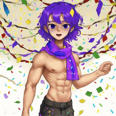 <lora:riffleman1130_v2:1.0>, (riffleman:1.0), drawing,1boy, confetti, happy birthday, midriff, purple hair, scarf, solo