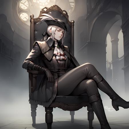 Lady Maria White hair, grey eyes, tricorne, gloves, hat feather, ascot, ponytail, cape,