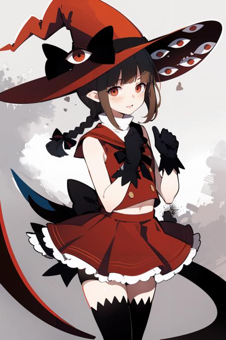 wadanohara,witch hat,hat bow,multicolored bow,blue dress,blue hat,twin braid,long hair,handkerchief,anchor,hat ornament,school uniform,sailor collar,white bow,multicolored ribbon wadablue,twin braids,long hair,witch hat,blue bow,anchor,star print,hat ornament,blue ribbon,book,holding book,blue skirt,chain,star \(symbol\),crescent, wadared,witch hat,long hair,red bow,extra eyes,eye print,red gloves,black thighhighs,red skirt,