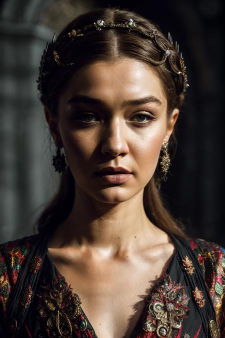 A stunning intricate full color portrait of ghd, wearing a game of thrones queen, epic character composition, by ilya kuvshinov, alessio albi, nina masic, sharp focus, natural lighting, subsurface scattering, f2, 35mm <lora:GigiHadid-RealVision-V1.0:1>