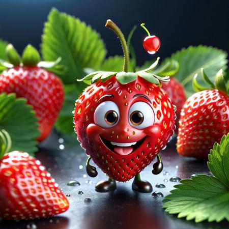 (masterpiece:1.3, concept art, best quality:1.21), very cute appealing (anthropomorphic strawberry:1.1), looking at the viewer, big grin, happy, fruit, berry, droplets, macro, sunlight, fantasy art, dynamic composition, dramatic lighting, epic realistic, award winning illustration