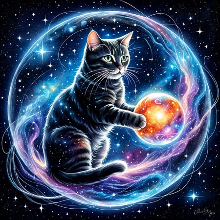 CosmicStyle, see-through, transparent, Realistic illustration of a cosmic cat playing with a ball of galaxies, the cat's fur partially translucent showing stars and nebulae inside, floating in deep space, whimsical and magical atmosphere, glowing threads of stardust, watercolor texture, glowing stardust threads, deep space background