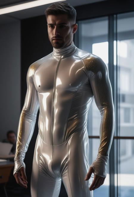 two slim 28-year-old italian males, with a short curtains haircut, detailed face, confused expressions, wearing a skin tight white transparent latex cybernetic suits with light-gray, silver and gold latex details, wearing skin tight transparent white latex jockstraps over his transparent  latex suits, standing at attention posture,  on a modern university classroom, looking to the camera, detailed face, Cinematic, Photoshoot, Shot on 25mm lens, Depth of Field, Tilt Blur, Shutter Speed 1/1000, F/22, White Balance, 32k, Super-Resolution, Pro Photo RGB, Half rear Lighting, Backlight, Dramatic Lighting, Incandescent, Soft Lighting, Volumetric, Conte-Jour, Global Illumination, Screen Space Global Illumination, Scattering, Shadows, Rough, Shimmering, Lumen Reflections, Screen Space Reflections, Diffraction Grading, Chromatic Aberration, GB Displacement, Scan Lines, Ambient Occlusion, Anti-Aliasing, FKAA, TXAA, RTX, SSAO, OpenGL-Shader s, Post Processing, Post-Production, Cell Shading, Tone Mapping, CGI, VFX, SFX, insanely detailed and intricate, hyper maximalist, elegant, dynamic pose, photography, volumetric, ultra-detailed, intricate details, super detailed, ambient
