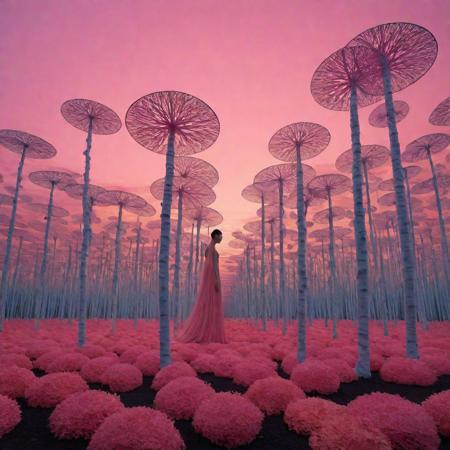 A surrealistic fusion of Reuben Wu's ethereal landscapes with Nick Knight's hyper-realistic models. A Synthetic forest of barcode trees, where creatures with Taro Okamoto's biomechanical limbs frolic and play. The sun sets in vibrant, electric hues, casting long, synthetic shadows that distort the Sharp Focus images of the models. In the distance, a satellite hovers, projecting old school designs onto the landscape, OverallDetail