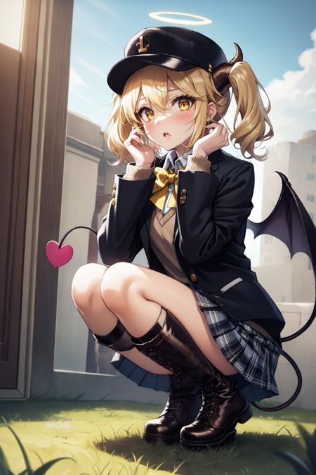 1girl, underwear, panties, solo, horns, tail, blonde hair, yellow eyes, boots, demon tail, hat, wings, demon horns, demon wings, long hair, twintails, bow, skirt, outdoors, squatting, blush, looking at viewer, pantyshot, bowtie, shirt, yellow bow, polka dot panties, polka dot, plaid, long sleeves, demon girl, collared shirt, day, plaid skirt, bangs, blue panties, peaked cap, hand on own cheek, yellow bowtie, :o, black headwear, parted lips, hand on own face, yellow footwear, grass, black skirt, brick wall, blue headwear, cross-laced footwear, hair between eyes, school uniform, lace-up boots, halo, pleated skirt, full body, brown footwear, grey skirt, white shirt, blue shirt, sweater, miniskirt, blue jacket, shoes, open mouth, orange bow, thighs, sidelocks, jacket, blue sweater, cabbie hat, black jacket, holding, upskirt, sky, leaf, door, ribbon, curled horns, knee boots