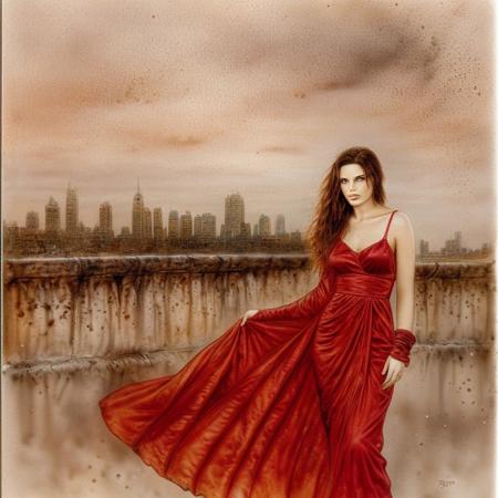 royo, female, spy, red dress, ruins, beautiful, pretty