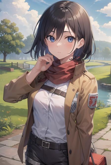 mikasaackerman, <lora:mikasa ackerman-lora-nochekaiser:1>, 
mikasa ackerman, black hair, (black eyes:1.5), hair between eyes, short hair,
BREAK belt, brown jacket, dress shirt, jacket, open clothes, open jacket, pants, paradis military uniform, red scarf, scarf, shirt, strap gap, thigh strap, three-dimensional maneuver gear, white pants, white shirt,
BREAK outdoors, village, nature, forest, grass, sun, sky, trees, clouds,
BREAK looking at viewer, (cowboy shot:1.5),
BREAK <lyco:GoodHands-beta2:1>, (masterpiece:1.2), best quality, high resolution, unity 8k wallpaper, (illustration:0.8), (beautiful detailed eyes:1.6), extremely detailed face, perfect lighting, extremely detailed CG, (perfect hands, perfect anatomy),