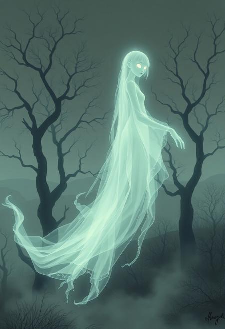 A ghostly apparition drifts through a surreal landscape, its translucent form ethereal and wispy, almost like smoke dissipating into the air. The figure is humanoid, with elongated limbs and flowing, tattered robes that trail behind in a ghostly mist. The face is hauntingly beautiful, yet unsettling, with hollow, glowing eyes and delicate, otherworldly features. The background is a dreamlike scene—faded, muted colors with a touch of eerie luminescence, where trees twist unnaturally, and the horizon blends into a soft haze. The style evokes Yoshitaka Amano's ethereal elegance, with finely detailed lines and a soft, painterly touch, while Esao Andrews' influence brings in a darker, surreal atmosphere, with subtle hints of decay and distortion. The ghost seems to float between realms, a blend of beauty and horror, its presence both enchanting and unnerving.