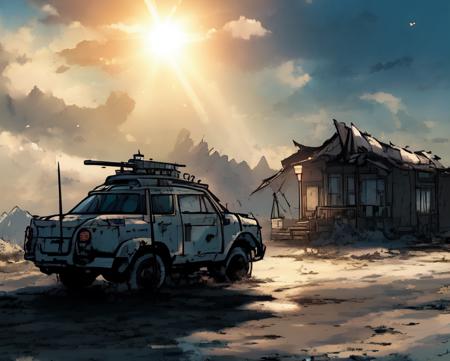 artbytokiame, post_apocalyptic, post apocalypse, (best quality, magical, masterpiece), perfect lighting, sunshine, sun rays, whimsical, trending on ArtStation, trending on pixiv, cgsociety, beautiful composition, symmetrical, [[anime]], ((pale colors, drab, sad, desolate)) ((by yoji shinkawa))