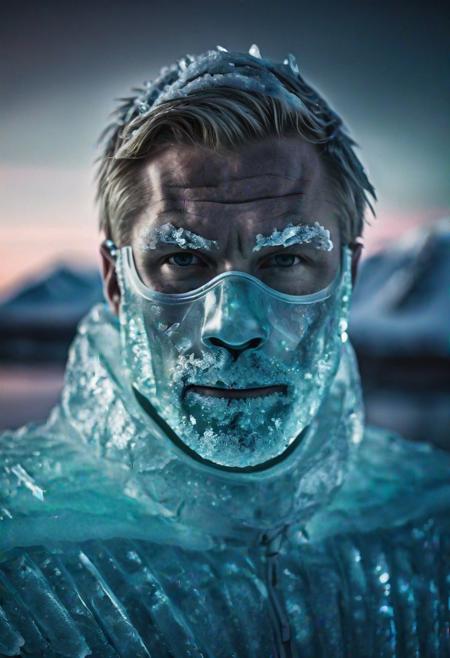 high quality, photo of 30 y.o Scandinavian man, upper body, mask of translucent ice covering face, white eyelashes, detailed face, cinematic shot, dramatic lighting, arctic, aurora borealis