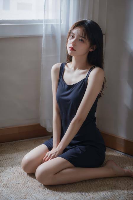 Best quality, masterpiece, ultra high res, photorealistic, raw photo, unity 8k wallpaper,(midnight:1.1), dark blue theme,dim lighting,
1girl,see-through dress,black nightgown,messy hair, (sad,disappointed,crying,frown,tears:1.1),weak girl, empty room,(sitting on floor, against wall:1.1), window, transparent curtains,   <lora:MengX girl_Mix_v30:1>