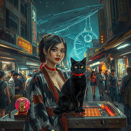 Setting is a futuristic cyberpunk street market at night, the market is comprised of street vendors selling robot parts, food, weapons, and robots. People wearing futuristic cyberpunk clothing are walking through the street market shopping and eating, A sleek black cat with red collar sits on a cluttered metal riveted desk with transparent top and micro-LED lighted computer components visible inside, On the desk is an ebony and gold maneki neko statue and futuristic art deco lighting, (((a beautiful woman, 24 years old, is standing in the foreground FACING THE VIEWER, she has an expression of interested curiosity)))))), the sleek black cat with red collar is sitting on the desk and watching the people walking by in the busy street market, the woman is dressed in futuristic cyberpunk Japanese style yukata with a plunging neck line alluring but Japanese classic aesthetic. An enormous art deco inspired starship with futuristic lighting and an enormous space station are visible in the background among the stars, The woman's hair is elegantly tied up with a ribbon. Artistic cyberpunk, dynamic perspective, (((overall architectural aesthetic is Art Deco Cyberpunk))).  Epic image that elicits a feeling of wonder and awe,