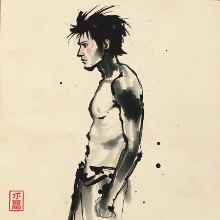 墨汚粗筆古紙 ink stains - rough brush - aged paper. Male nude. Sumi-e ink wash painting by Jackson Pollock.