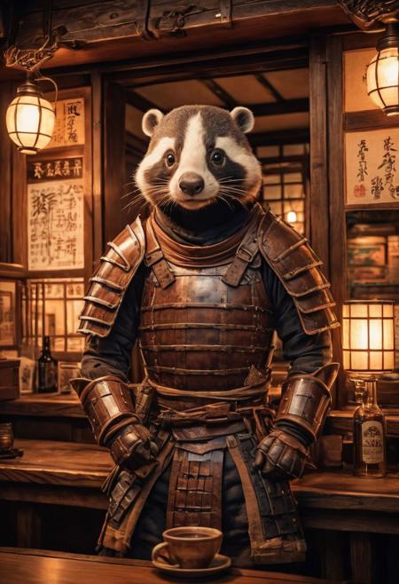 fantasy anthropomorphic a (japanese-badger) (warrior: 1.19) (brown-leather armor) in dark japanese-tavern holding a pint of ale in a cozy environment with gas lamps oriental japanese-woodworking warm brick fireplace and (paper windows) (japanese-style-architecture)