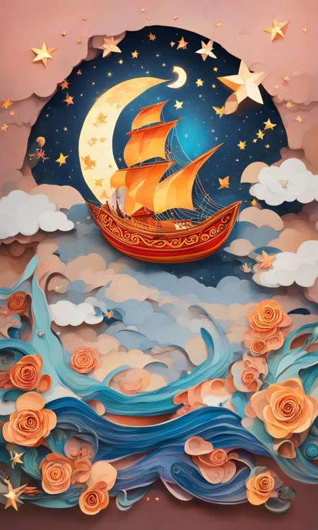 yanzhi,Diffractive Paper Artwork， sky, cloud, water, star \(symbol\), tree, no humans, night, bird, moon, building, star \(sky\), night sky, scenery, starry sky, watercraft, castle, ship, waves, tower, boat. vibrant color scheme,Softlight,(warm color:1.2),Water color painting,light background,best quality exquisite details,3d rendering,Octane render,pastel,