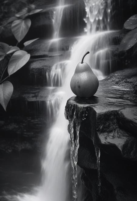 pink pear among morning raindrops surrounding cascading waterfalls, background captured in monochrome black and white, digital art, composition aligned with nature's golden ratio, intricate details worthy of trends on ArtStation, 8K resolution, photorealistic concept, soft natural volumetric light creating a cinematic chiaroscuro-like ambiance, an award-winning digital oil-on-canvas style painting reminiscent of the masters