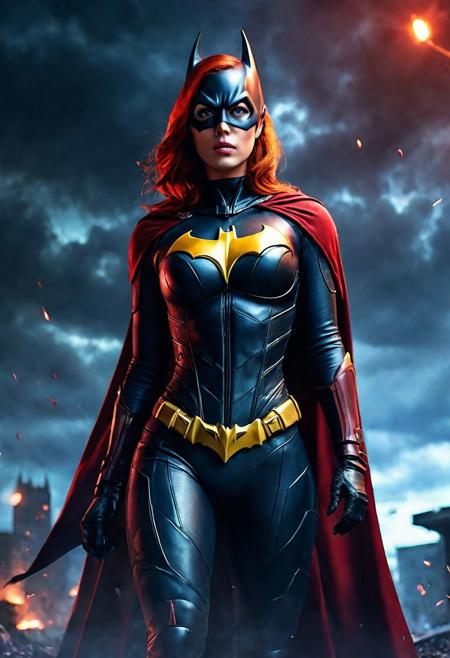 High resolution ultra-realistic of beautiful realistic Batgirl fighting against alien invasion, cinematic style, standing on a bloody and stormy battlefield in a fighting pose, bloody massacre, realistic modern combat costume, black mask, red cape, perfect athletic figure, wavy red hair, handsome dirty bloody face, beautiful perfect detailed pupils, wet oily shiny skin, covered in dirt and blood, beautiful firm Breasts, defiant and seductive, sexy 20 year old girl, 8k resolution concept art portrait by Greg Rutkowski, Dark Gotham City, realistic blue eyes, full body, Artgerm, WLOP, Alphonse Mucha, dynamic lighting, hyperdetailed, intricately detailed, Splash art trending on Artstation triadic colors, Unreal Engine, 5 volumetric lighting, Cinematic Lighting, intricate, smooth, sharp focus digital painting, Asymmetrical Balance, painting, dynamic lighting