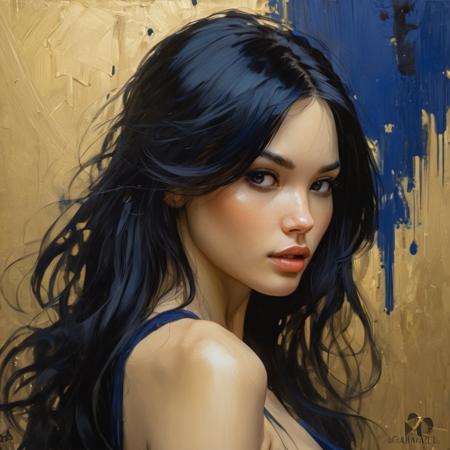 a woman with long black hair in a gold painting, in the style of charlie bowater, dark blue and dark black, michael garmash, comic art, realistic color palette, dark black and beige, soft-focused realism , Zoom in shot - The camera starts with a wide shot and then zooms in, focusing on a particular object or character to draw attention and create emphasis.