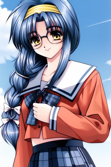 <lora:Akumu95_AoiKajitsunoSange:0.8>, akumu, glasses, long hair, braid,  hairband, blue hair, bow, Yellow_eyes, skirt, hair_ribbon, 
school uniform,   long sleeves,  blue_sky, school, cowboy Shot, plaid, smile, medium_breasts, 
1990s \(style\), masterpiece, high quality, very_high_resolution, large_filesize, full color,