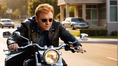 portrait of david caruso man, riding a motorcycle, wearing a leather jacket, whimsical, photo, canon dslr, high quality, photorealistic, bokeh, analog film, rule of 3rds composition