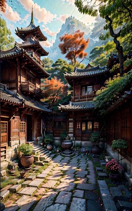 (best quality,ultra-detailed,8k uhd,ultra high res,cinematic scenes, masterpiece,dramatic lighting,extremely detailed CG unity wallpaper) ,an empty scene, a courtyard with a well in autumnr,<lora:ChineseStyleAncientlandscape_v1_150:1>